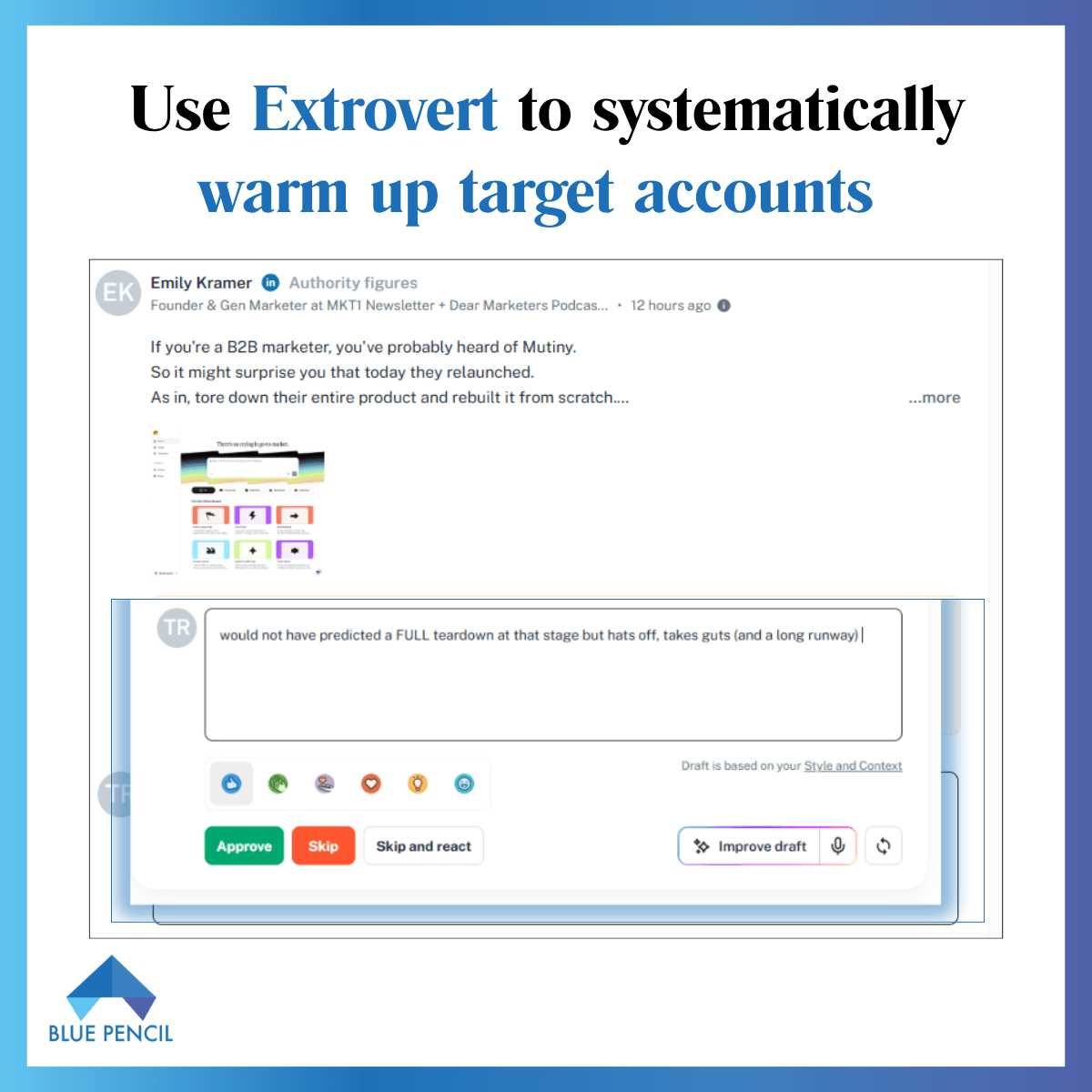 A social media post from Emily Kramer on LinkedIn discussing Mutiny’s product relaunch. Below it, an interface shows a tool called 'Extrovert' used' to approve or edit a comment about the post that says, 'would not have predicted a FULL teardown at that stage.'